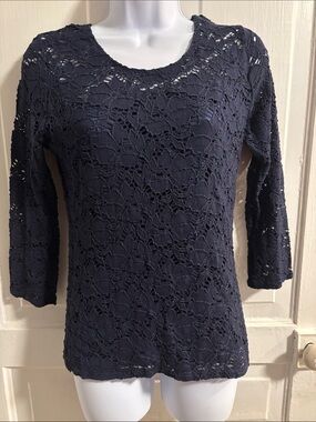 Peck & Peck Women's Navy Lace Crochet 3/4 Sleeve Top Size L